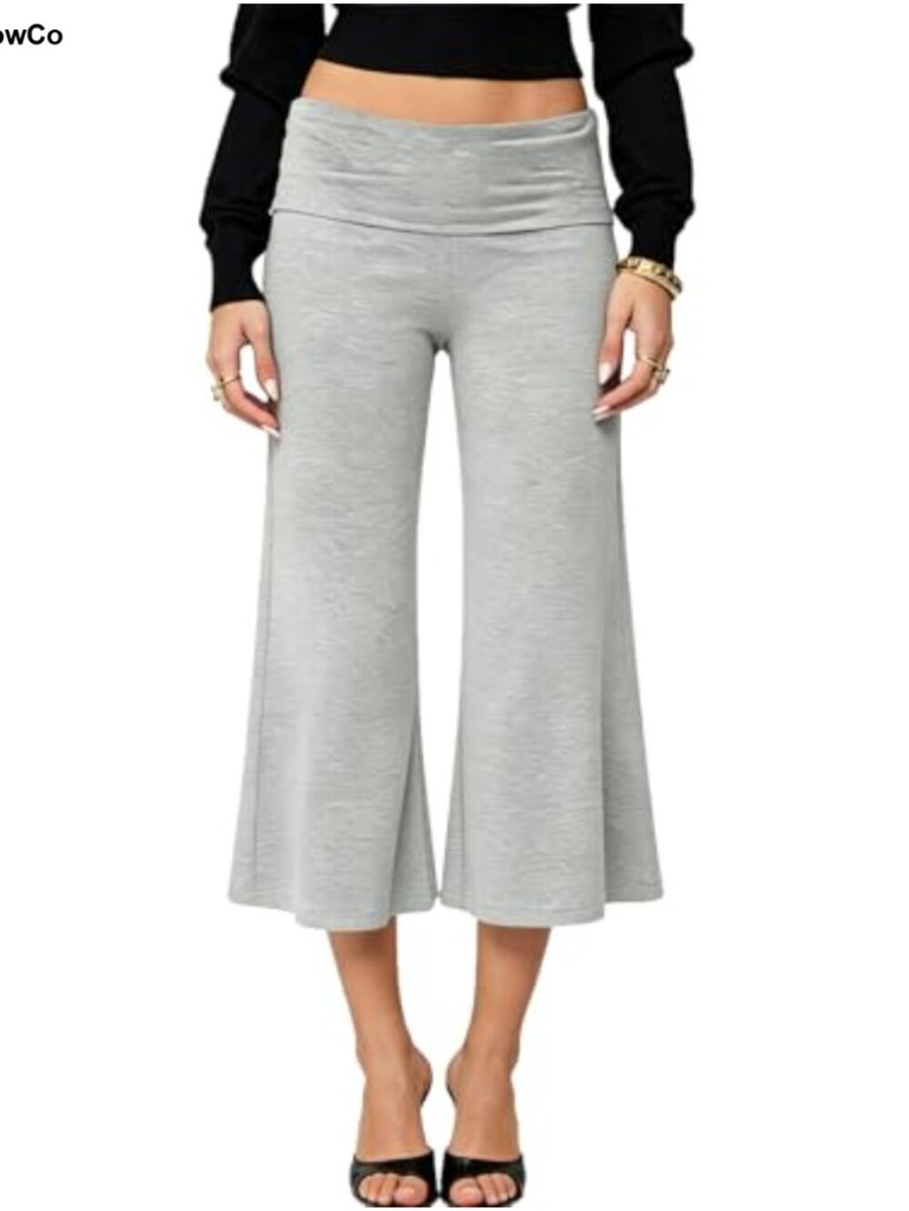 Fold Over Waist Lounge Capris Wide Leg Flowy Cropped Trousers Yoga Pajama Bottom